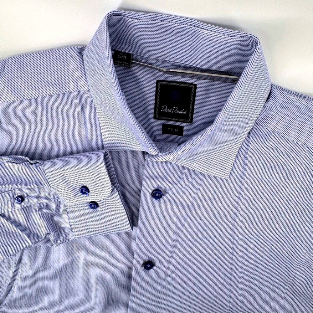 David Donahue Dress Shirt Mens 15.5 34/35 Blue‎ Trim Fit Cotton Textured Spread